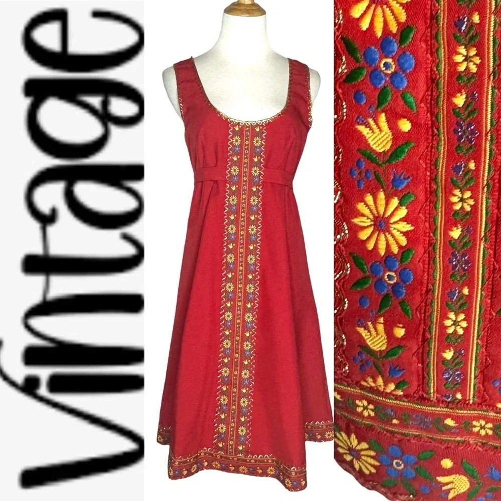 Vintage 60’s Red Embroidered Mini Dress app small